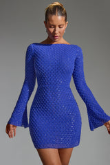 Embellished Open-Back A-Line Mini Dress in Cobalt Blue