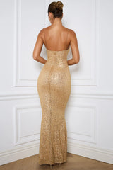 Embellished Fishtail Maxi Dress in Gold